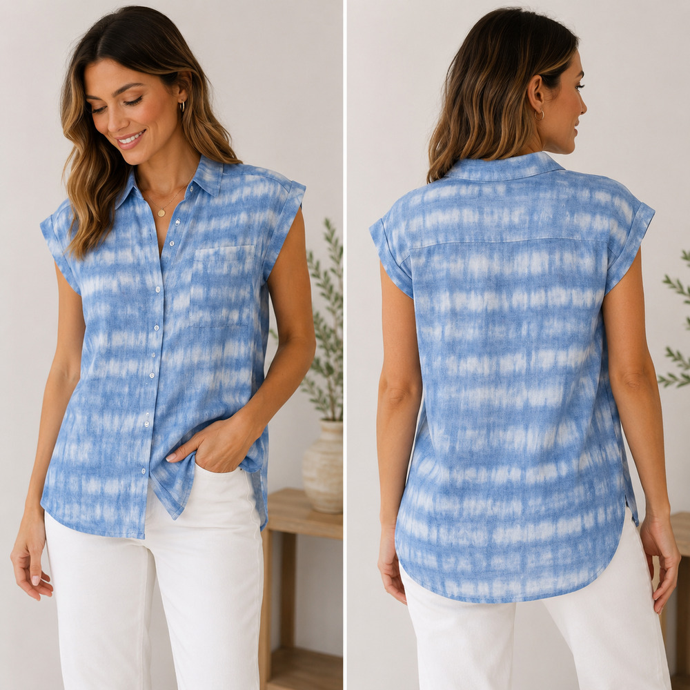 Women's Linen Blend Button Front Blouse Sz S Blue Tie Dye Short Sleeve Coastal